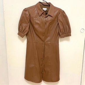 Faux-Leather Puff-Sleeve Button-Down Pleated Dress